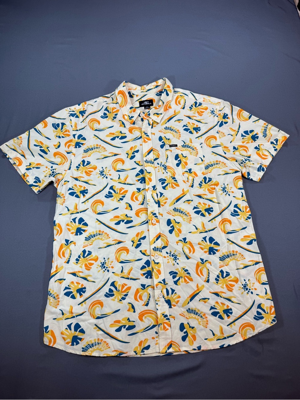 O'Neill Yellow Short-Sleeve Button-Down with Blue and Orange Floral Print